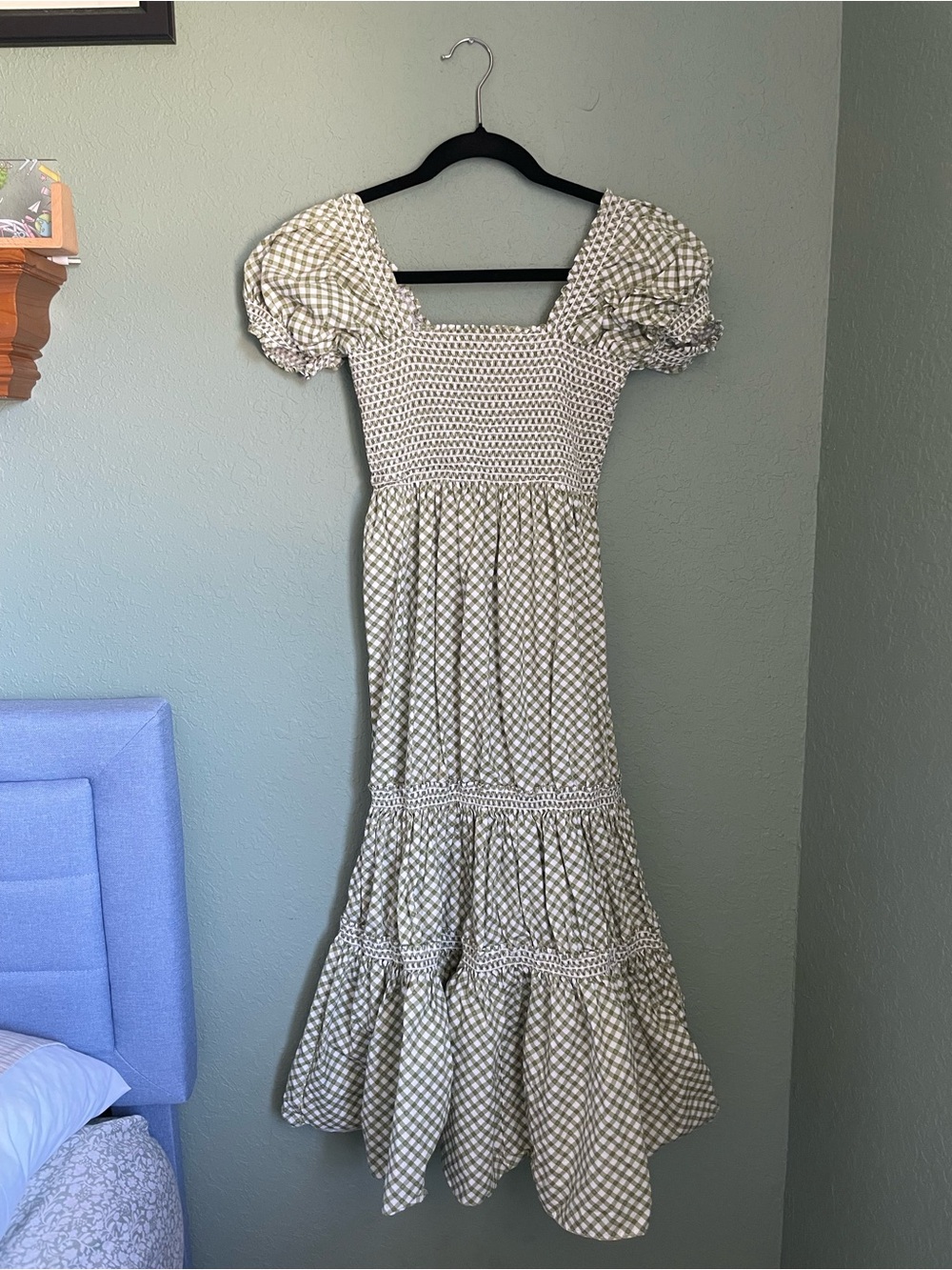 OPT Cottagecore Gingham Smocked Puff Sleeve Maxi Dress Size M Green White